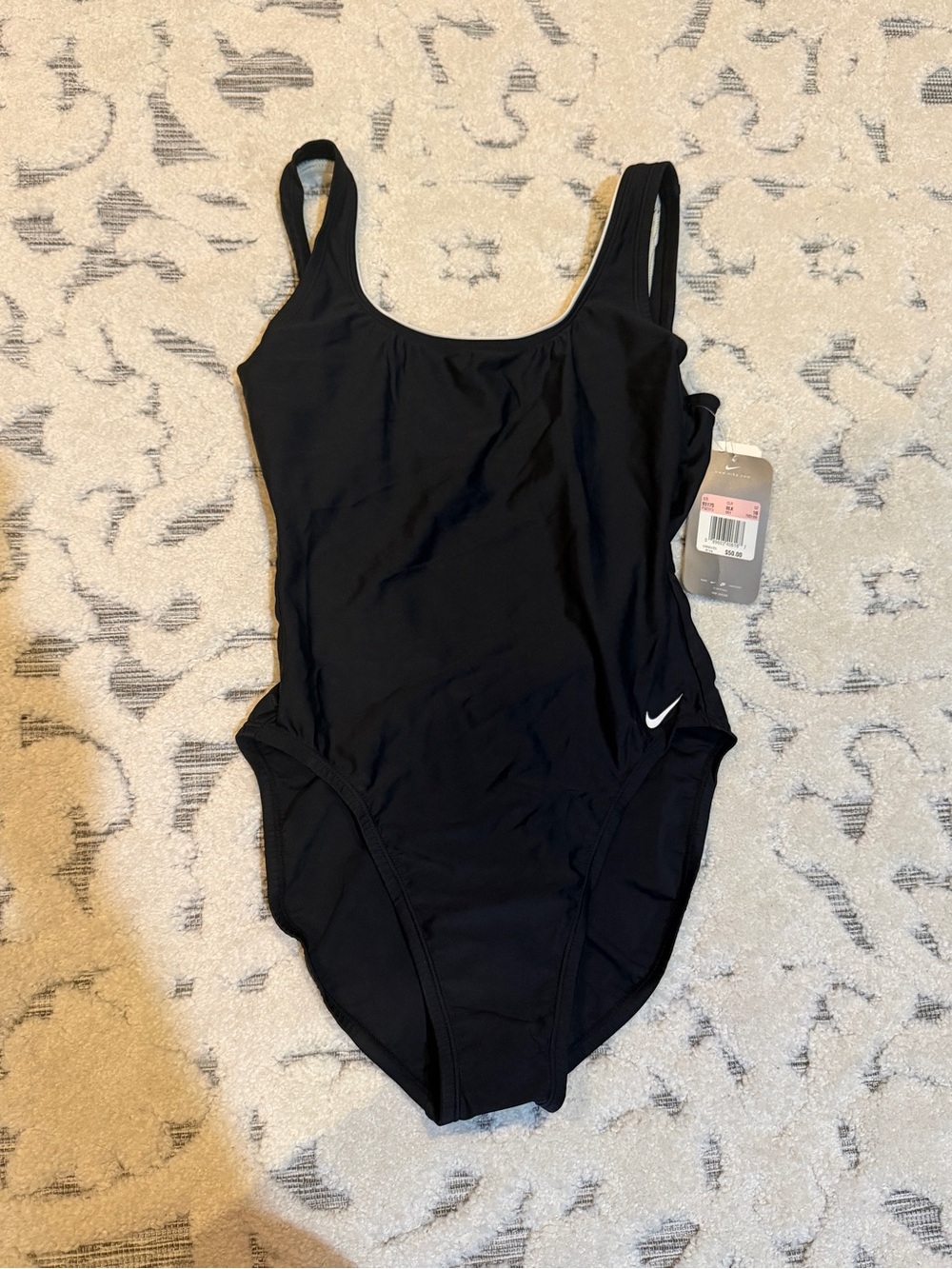 NWT new Nike Women's Black One-Piece Swimsuit size 10 white accent on back